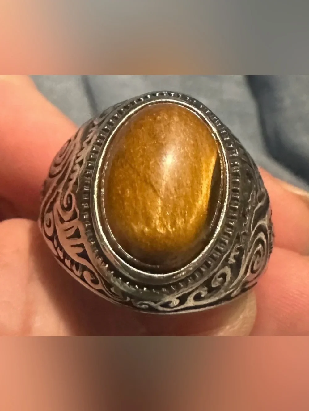Sterling-Style Men's Ring with Tiger's Eye Stone - Brown